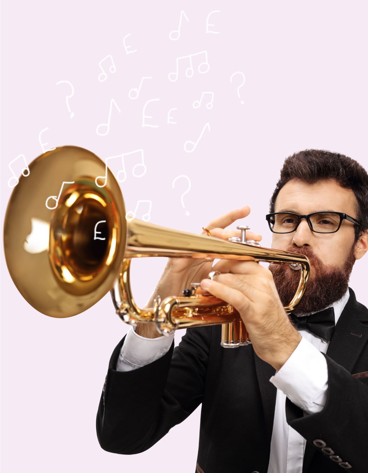A man plays a trumpet against a pale pink background, there are white notes hanging in the air above him. The man is dark haired, Caucasian, and wears a black suit with a white shirt. For blog: Question?