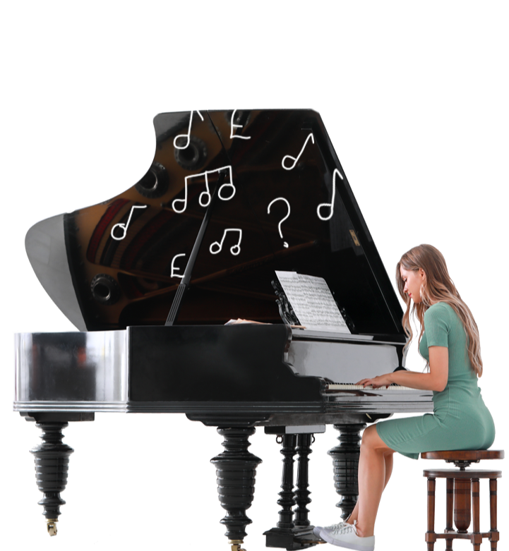 An image of a woman sat at a large darkwood piano, the air above her is filled with white musical notes. She's Caucasian and wears a mint green dress, her hair long and dark brown, the woman appears very focussed in her playing. For page: Lockie Consultants Home